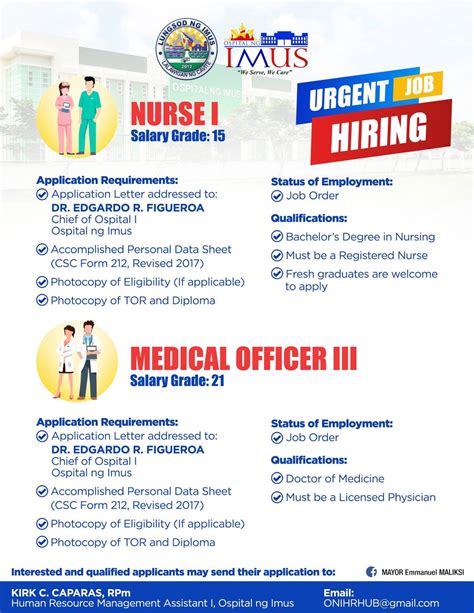 URGENT HIRING Ospital ng Imus .